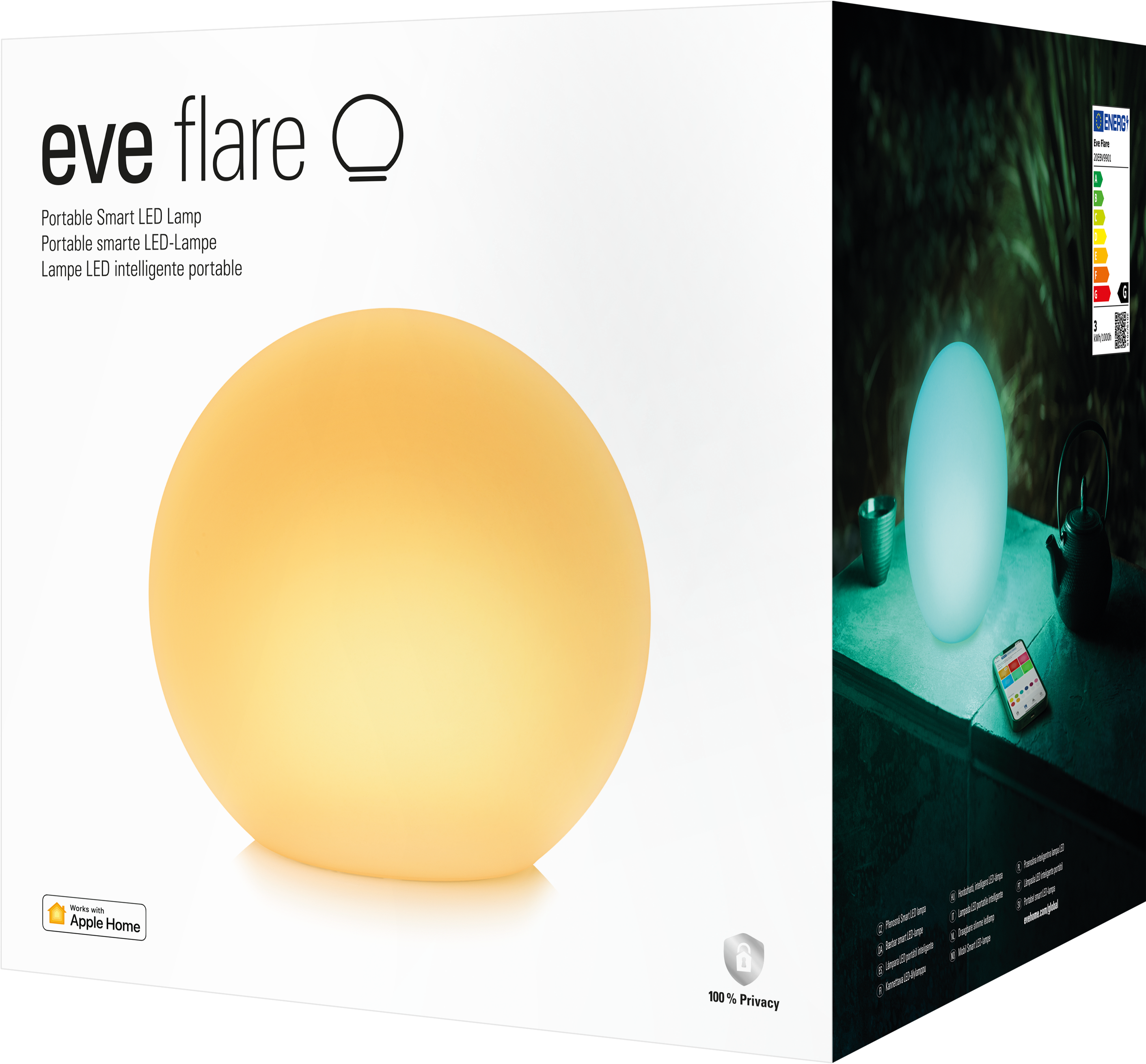 Egy 'eve flare' okos LED lámpa dobozban, mellette egy lámpás jelenet és dekorációval.