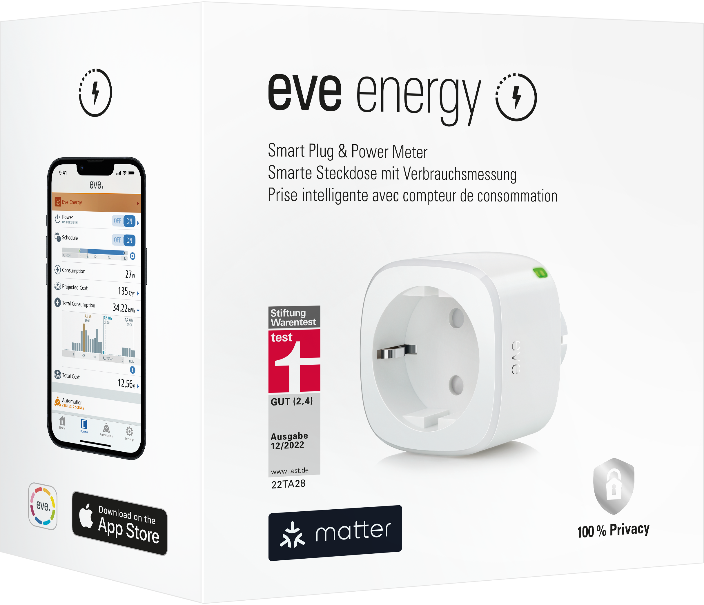 'eve energy' márkájú doboz, okos dugó, energia mérő és okostelefon felület.