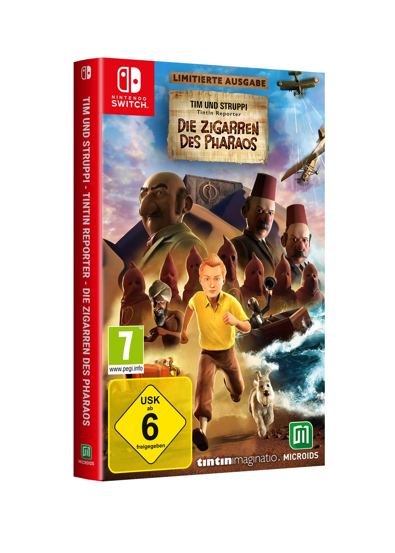 Spielbox-Art für Tim und Struppi – Die Zigarren des Pharao, mit Figuren.