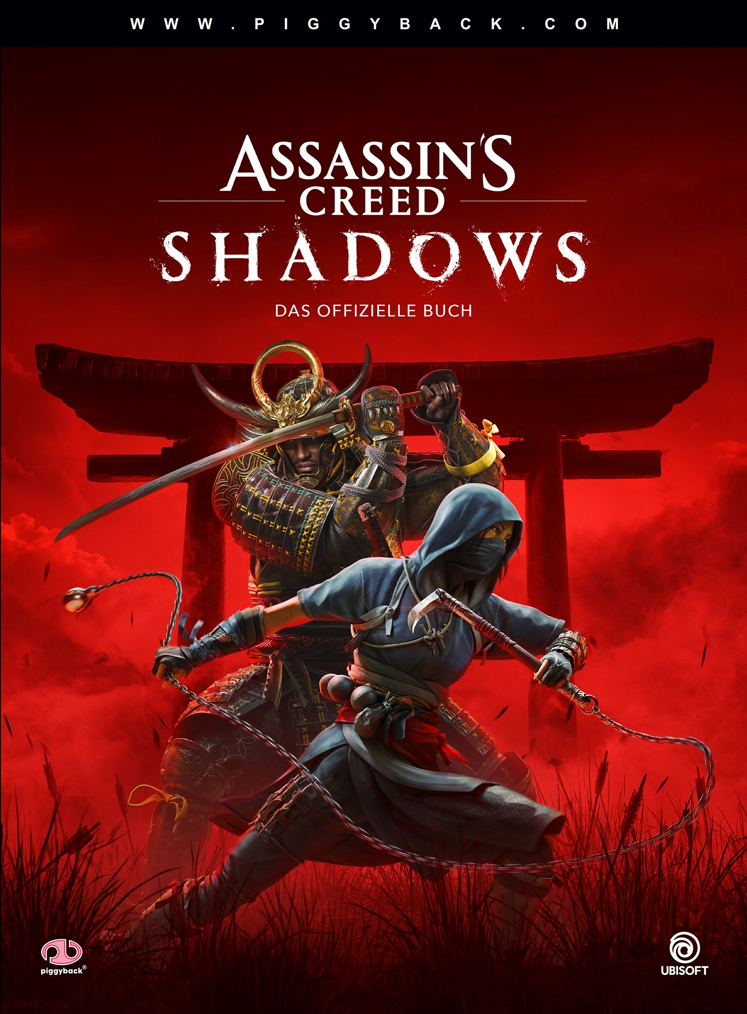 Assassin's Creed Shadows Buchcover mit einem Samurai und einem Ninja in roter Umgebung.