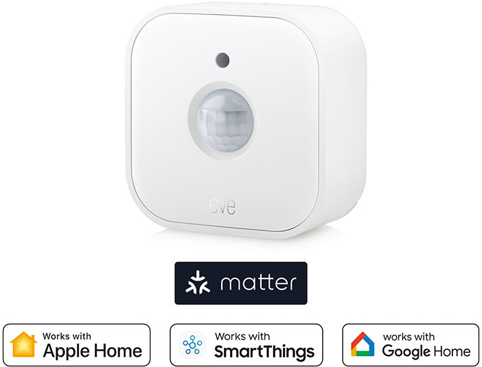 Fehér, szögletes okos otthon mozgásérzékelő, szürke lencsével és a home automation rendszerek logóival.