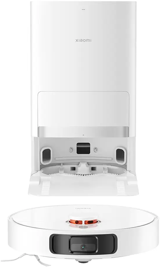 Aspirateur robot Xiaomi blanc et station d'accueil, l'aspirateur est séparé.