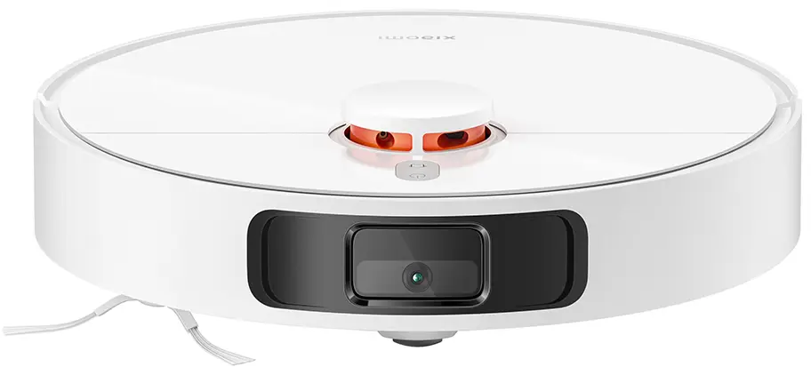Gros plan d'un aspirateur robotique blanc avec un design circulaire.