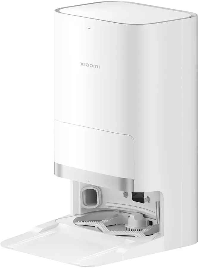 Un appareil domestique intelligent blanc et cylindrique avec un fond ouvert montrant des composants de nettoyage.