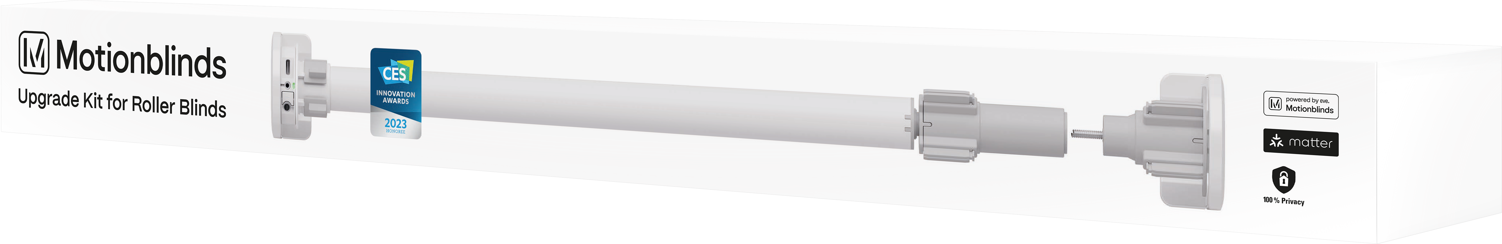Fehér MotionBlinds roló upgrade kit csomagolása, logóval és részletekkel.