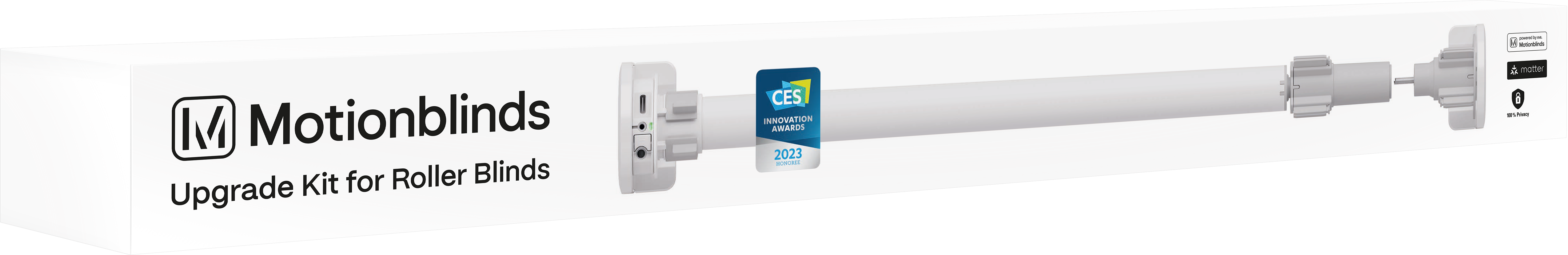 Fehér MotionBlinds frissítő készlet a rolókhoz, egy CES Innovation Award matricával.