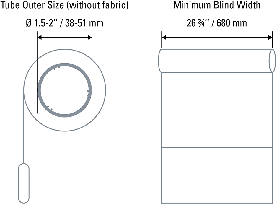 A roló mechanizmus diagramja, amely a cső méretét és a minimális roló szélességét mutatja mm-ben.
