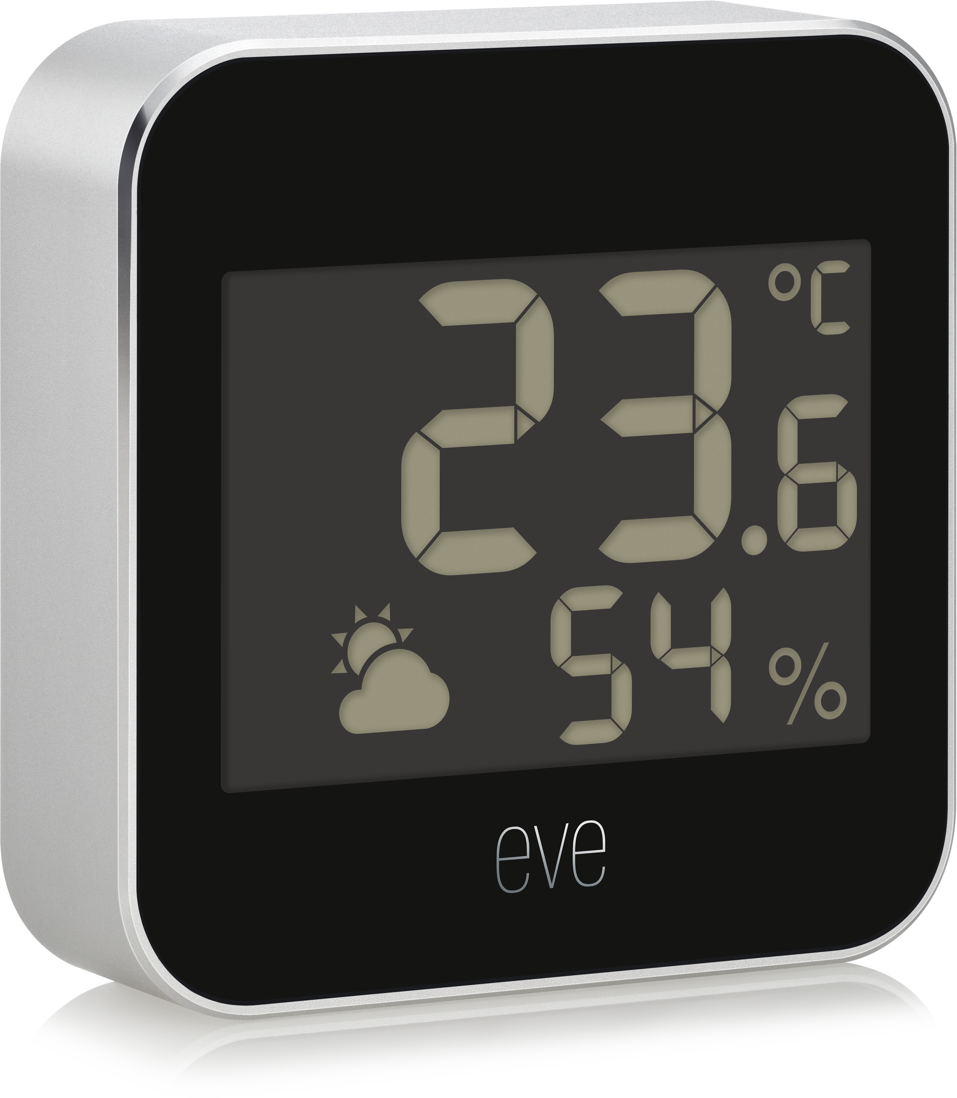 Digitális kijelző 23,6 Celsius-fokot és 54% páratartalmat mutat, az 'eve' márkával.