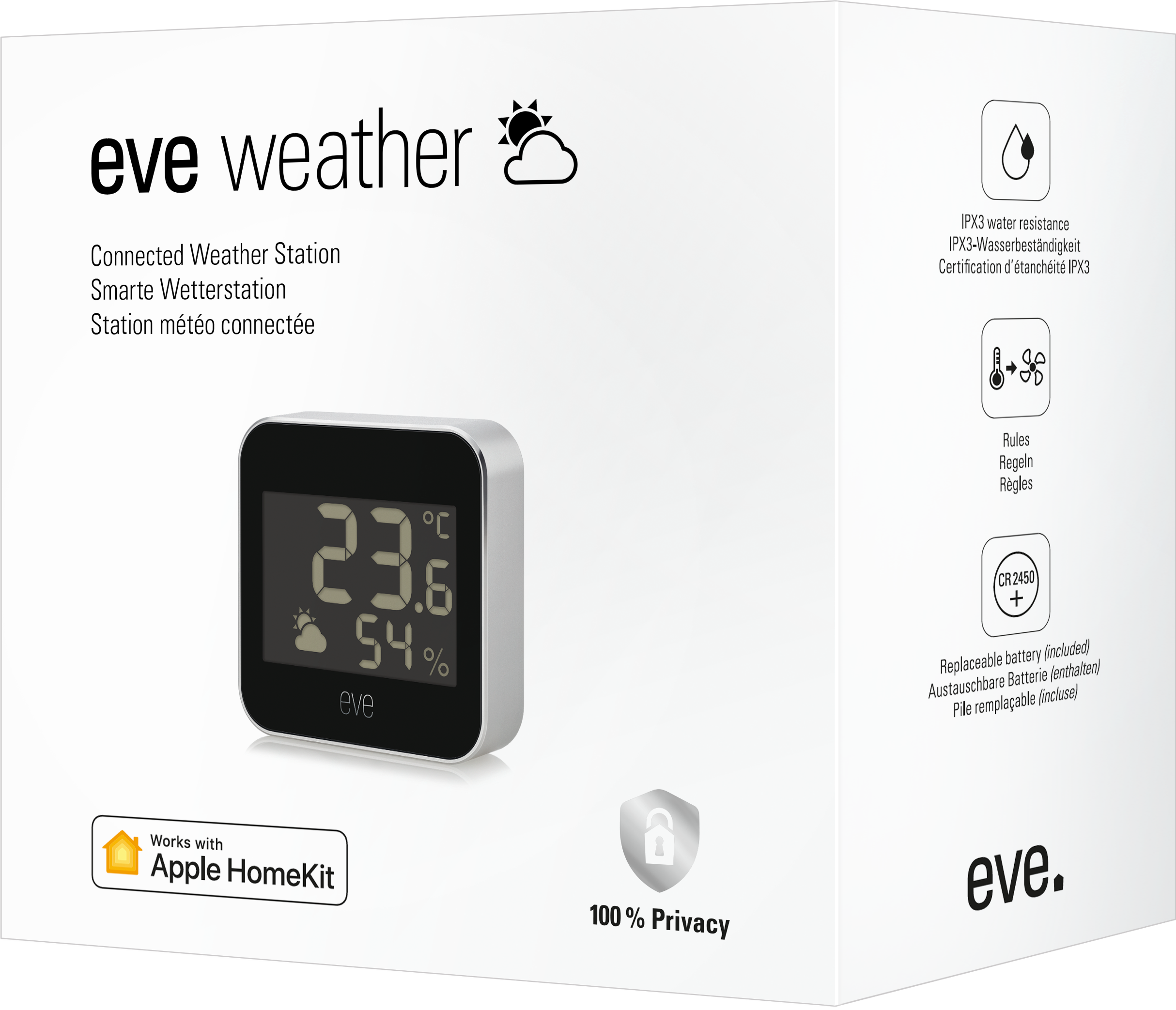 Egy "eve weather" eszköz doboza. Megjeleníti az időt, a hőmérsékletet és a páratartalmat.
