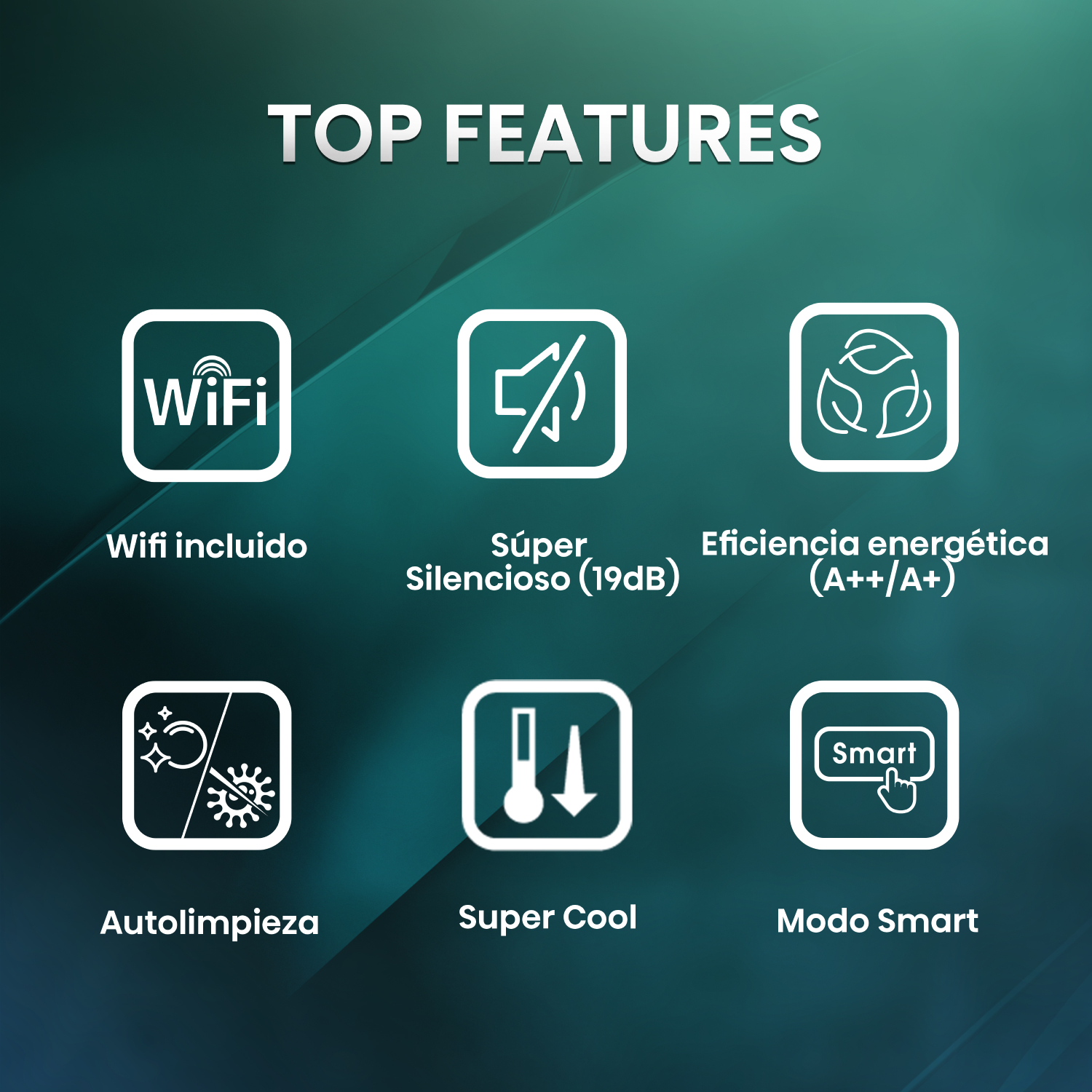 Iconos de funciones principales: WiFi, Super Silencioso, Eficiencia energética, Autolimpieza, Super Cool y Modo inteligente.