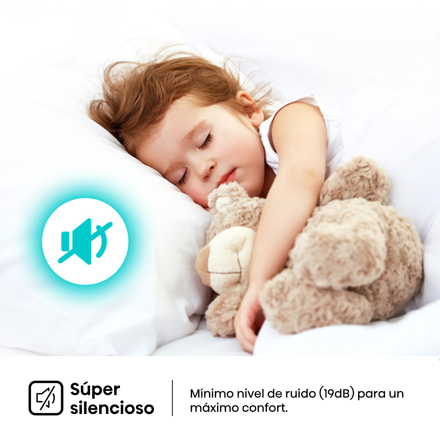 Niño durmiendo abrazando un oso de peluche, con un icono de cancelación de ruido.
