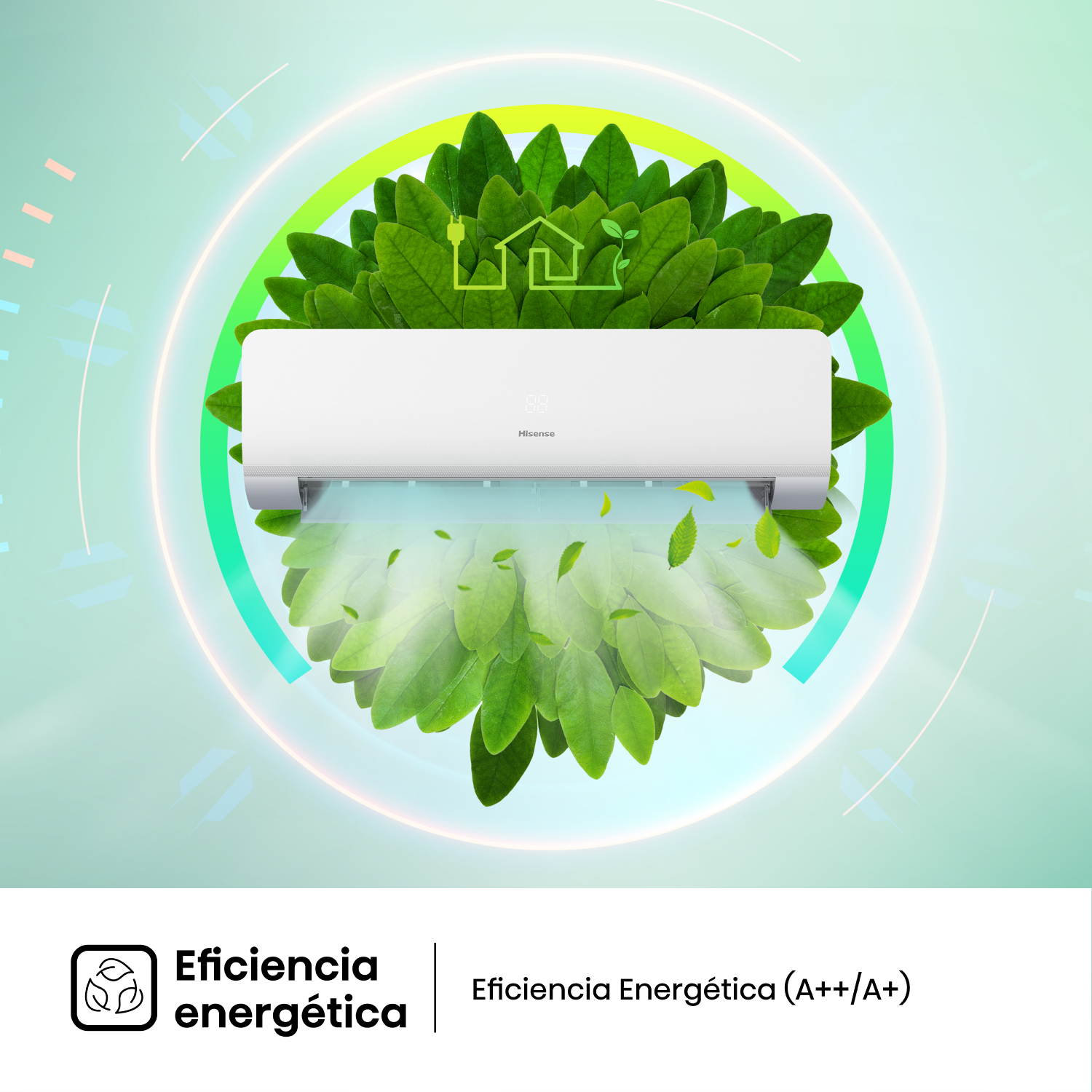Aire acondicionado con gráfico de hojas verdes. Un círculo verde rodea la unidad.