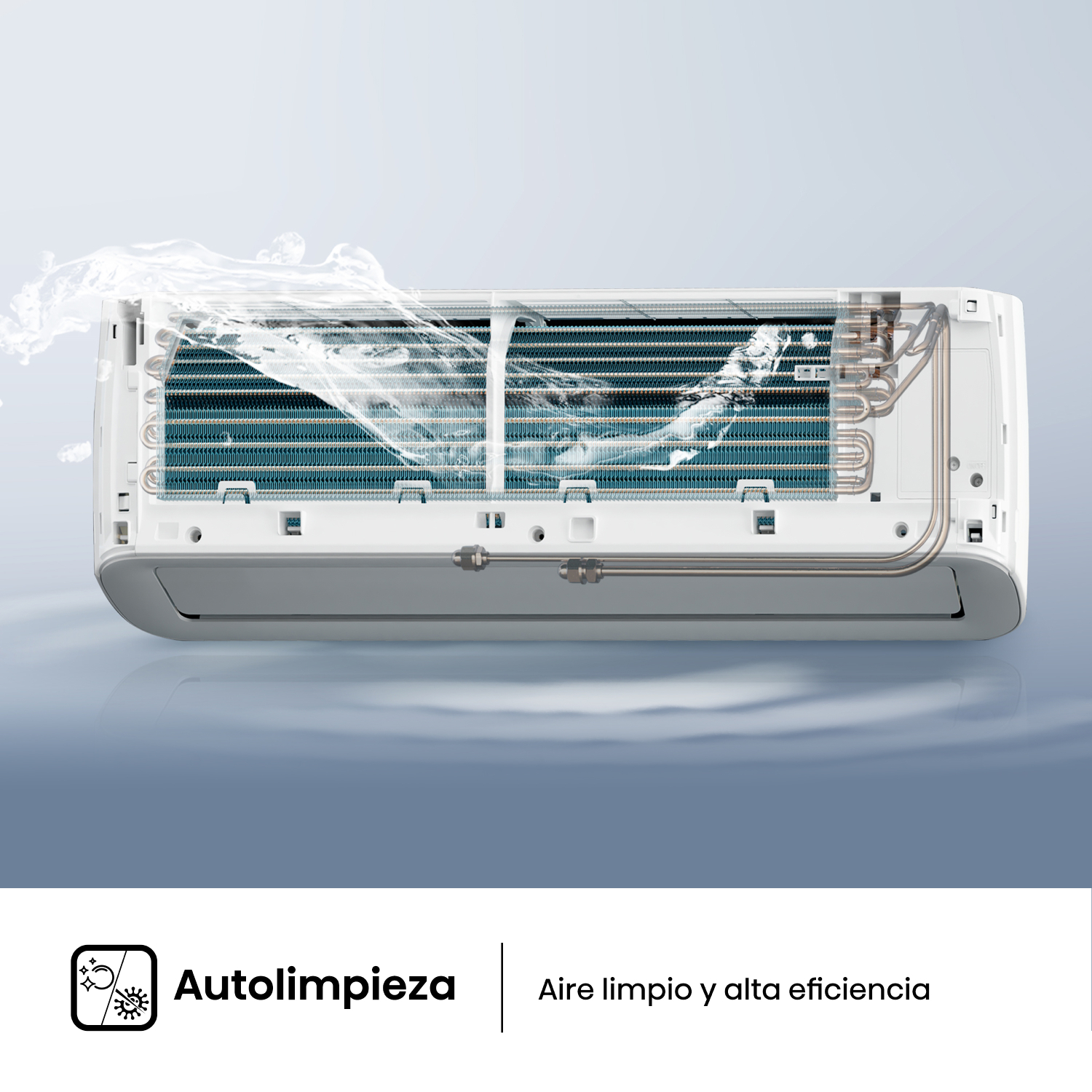 Interior abierto de la unidad de aire acondicionado. El agua fluye por las aletas. Texto: Autolimpiza, Aire limpio.