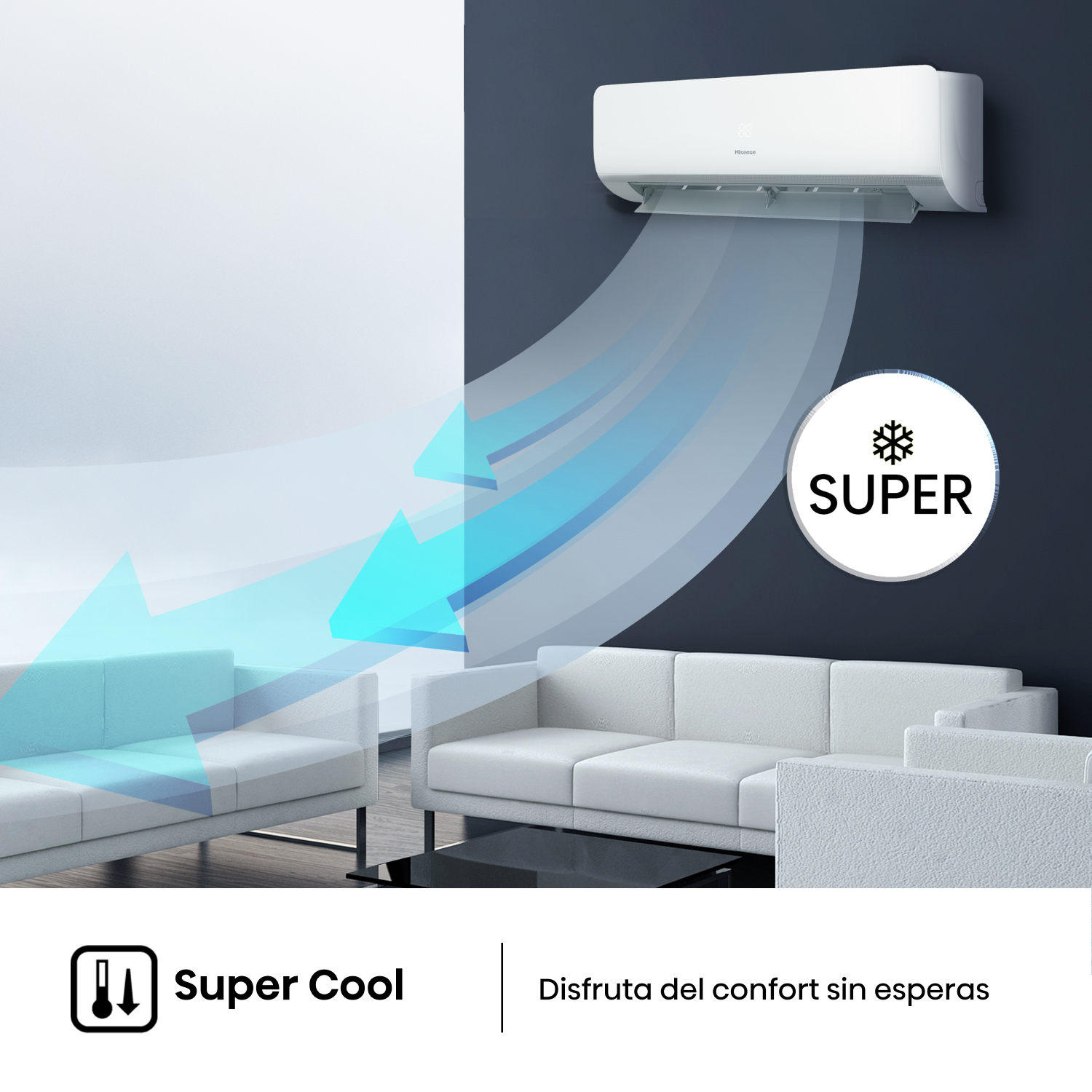 Una habitación con sofás blancos y una mesa negra, con un aire acondicionado de pared.