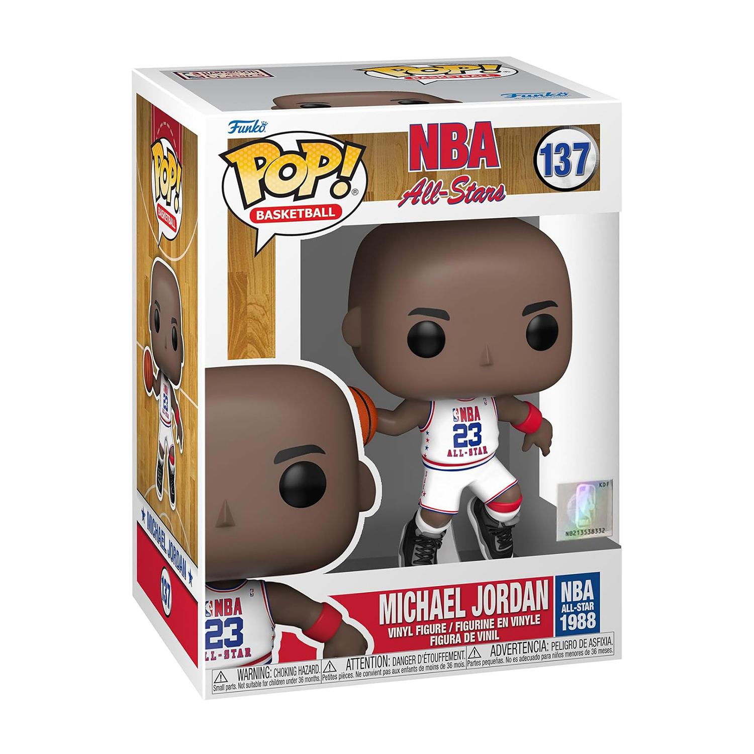 Figura Funko Pop di Michael Jordan in scatola. Figura con maglia NBA All-Stars bianca e rossa. Scatola con marchio NBA e Jordan.