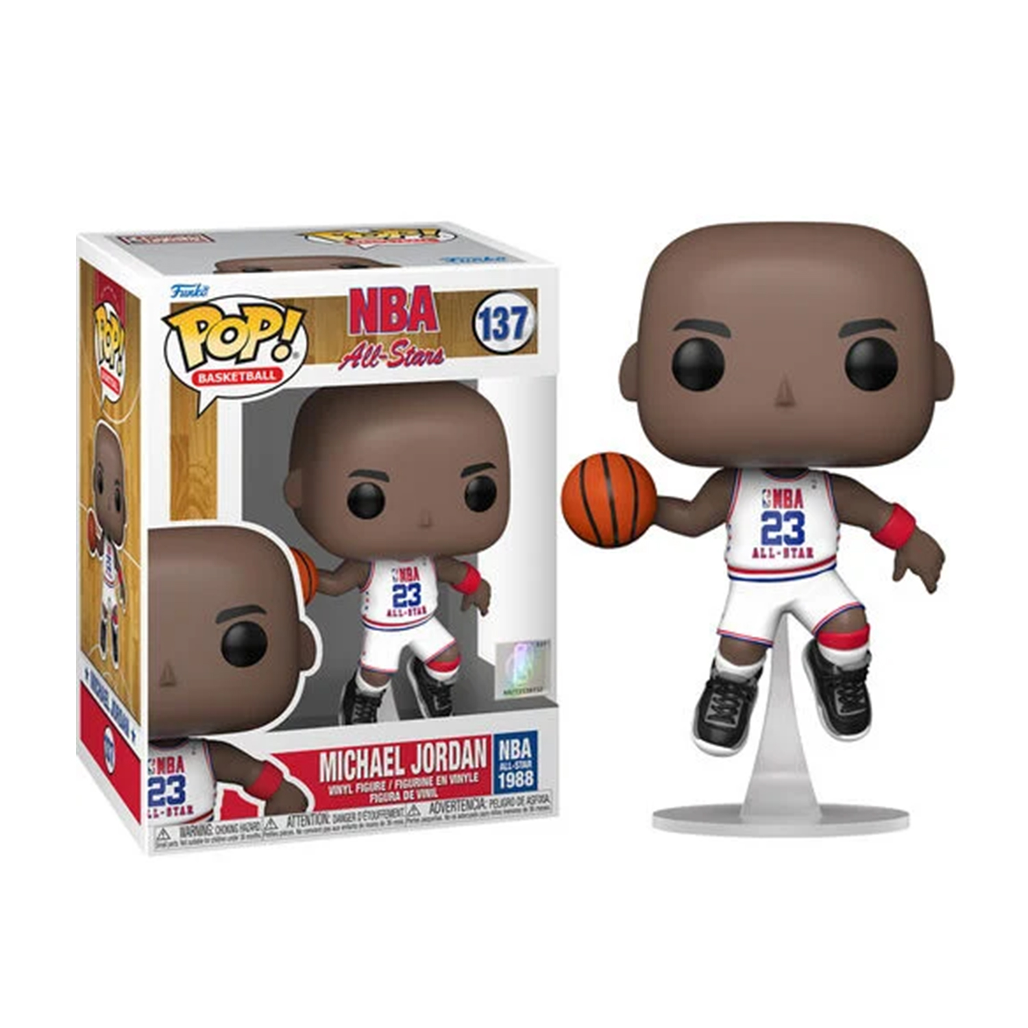 Figura Funko Pop di Michael Jordan in scatola, figura che tiene un pallone da basket, su un supporto.