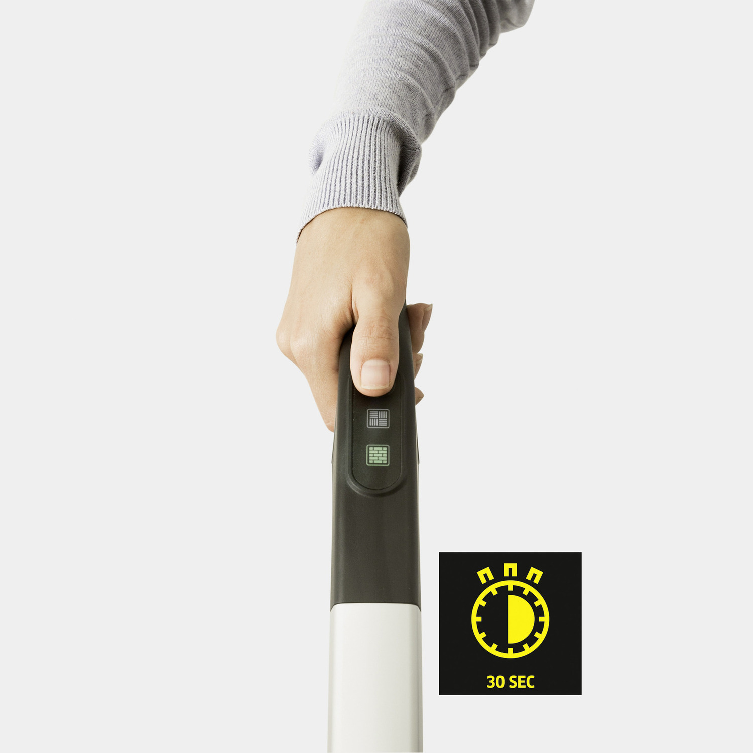 Een hand die een wit en zwart apparaat vasthoudt. Een pictogram van een timer van 30 seconden staat rechtsonder.