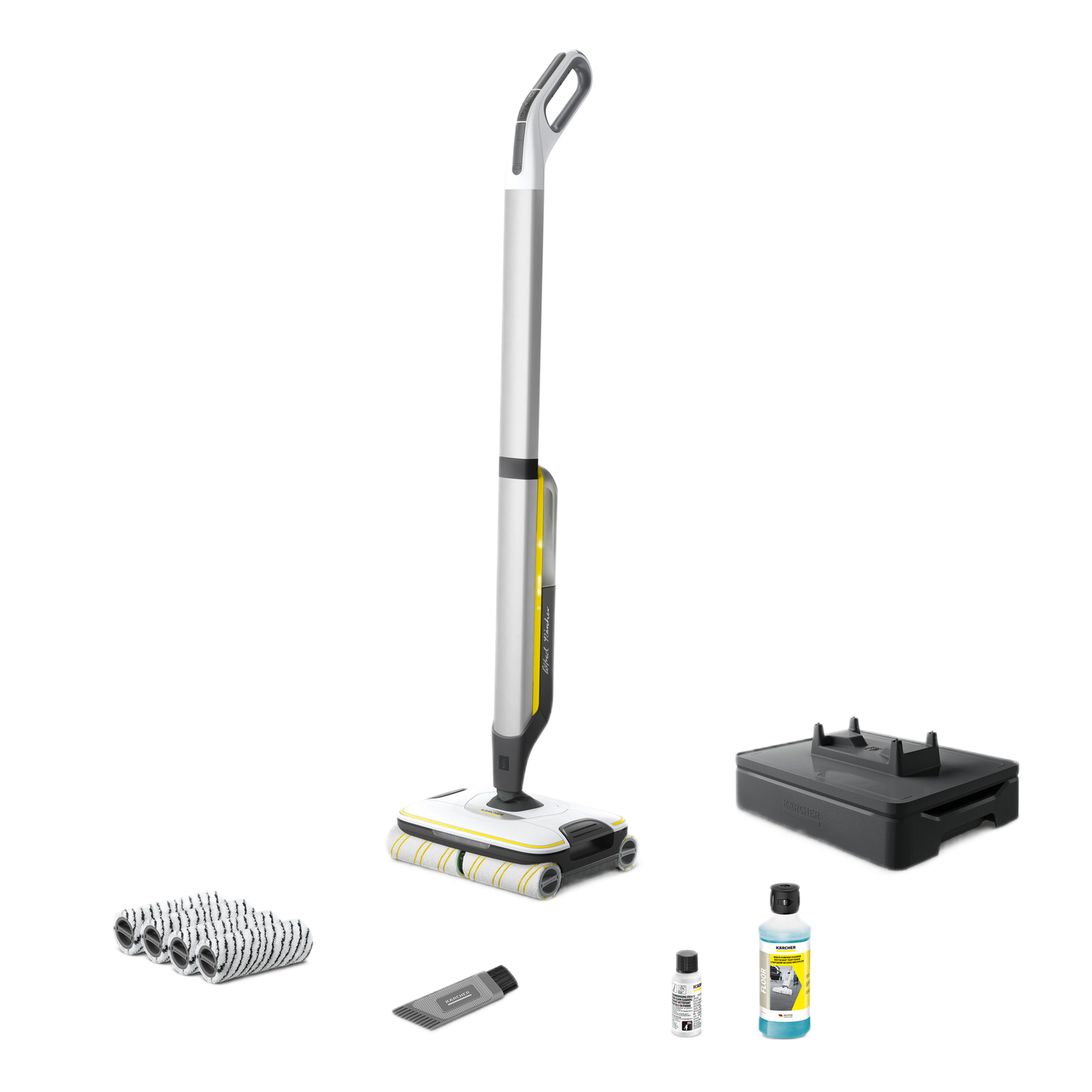 Kärcher vloerreiniger set. Reiniger, laadstation, reinigingspads, reinigingsmiddelenflessen, accessoires.