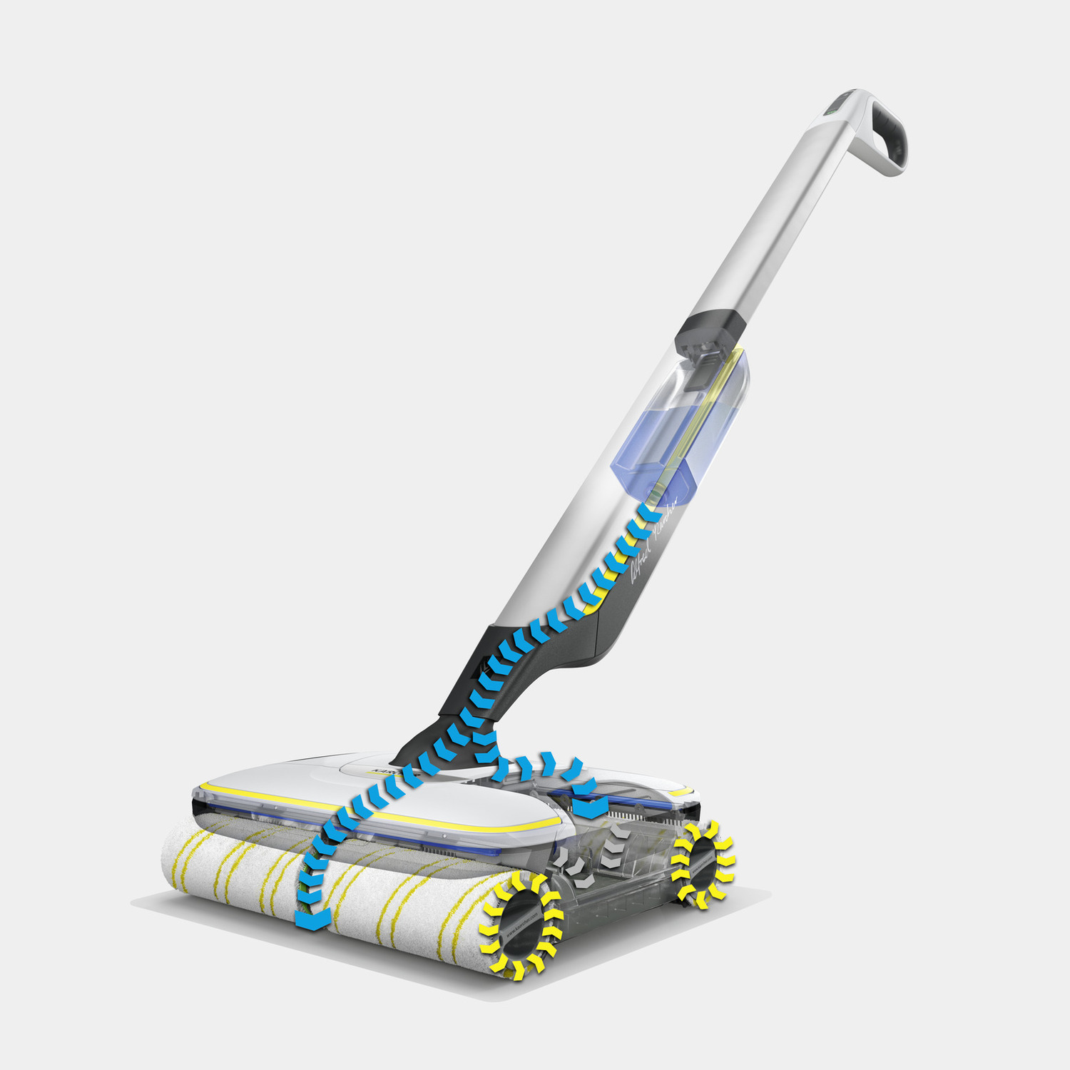 Een witte en grijze draadloze vloerreiniger met een blauwe waterstroomindicator en gele accenten.