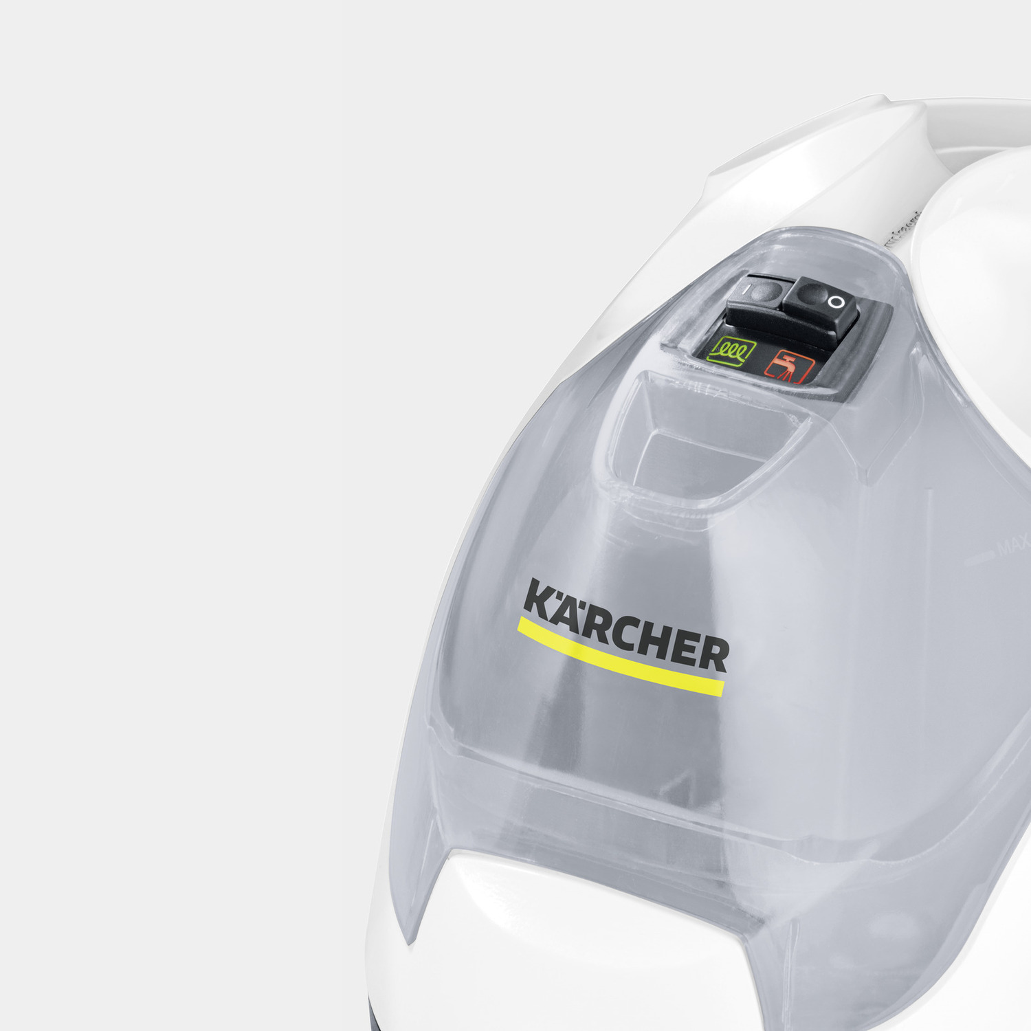 Close-up van de kop van een witte en grijze Kärcher stoomreiniger.