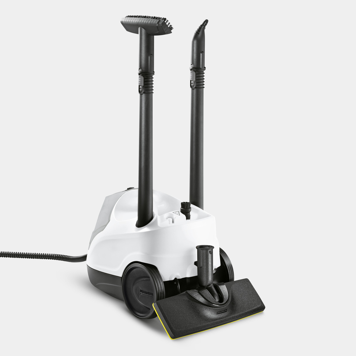 Een witte en zwarte stoomreiniger met accessoires en sproeiers.