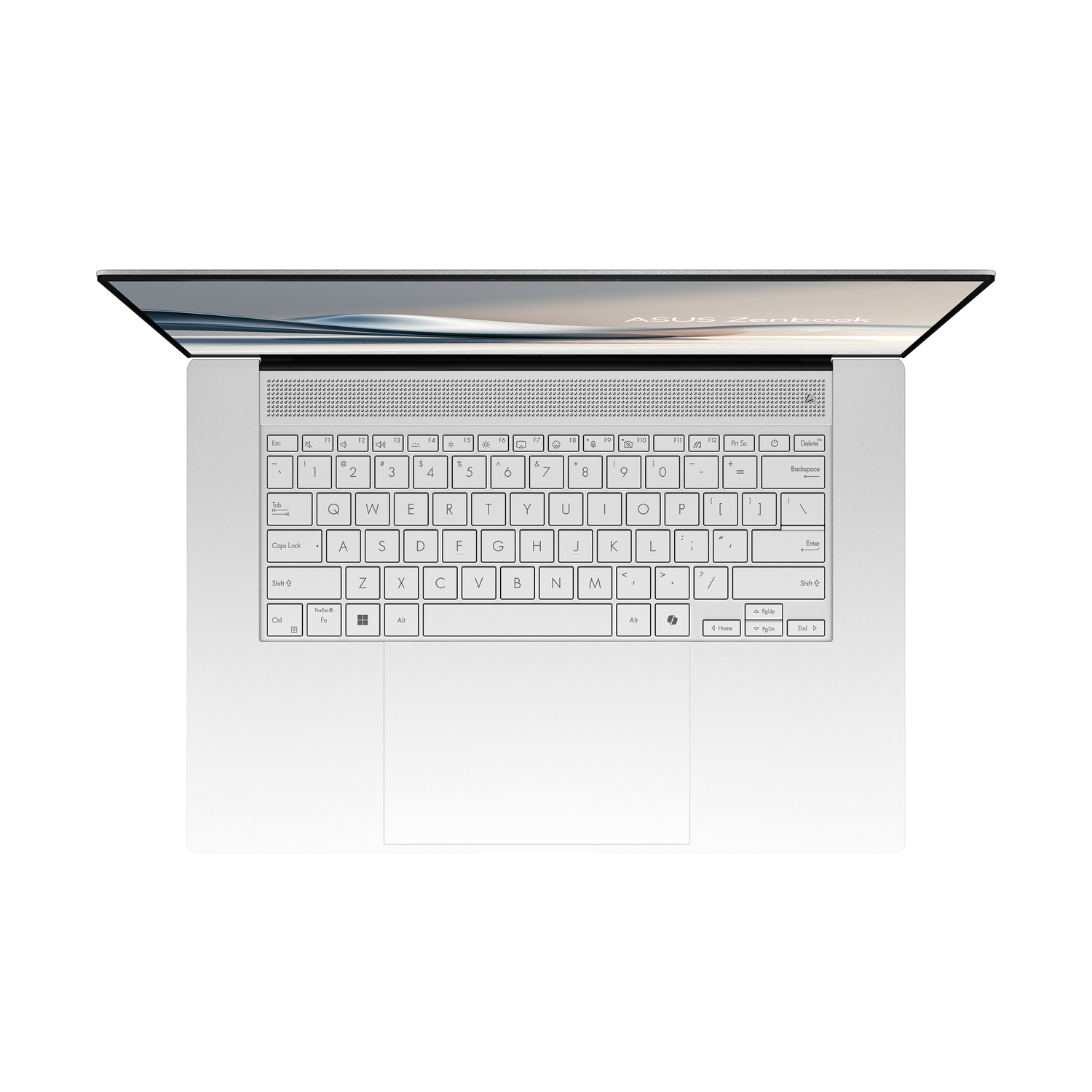 Top-down view of a white laptop with keyboard and trackpad, screen displays a background.