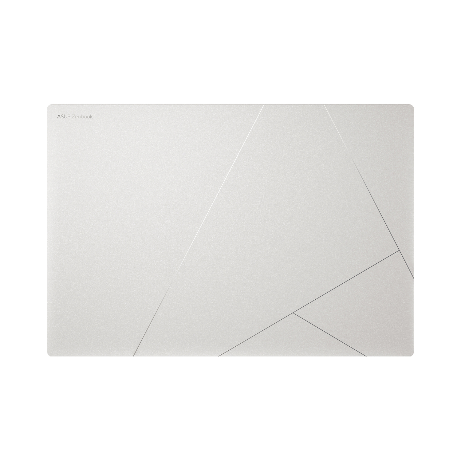 Laptop cover, white with geometric silver lines. ASUS Zenbook logo is visible.