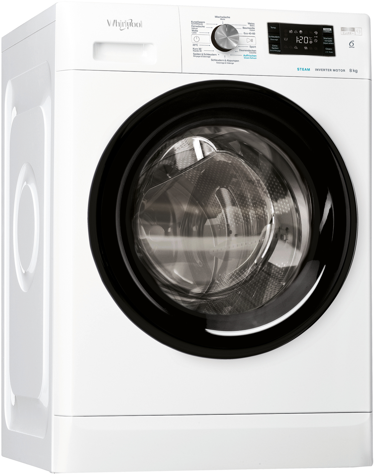 Un lave-linge Whirlpool blanc avec une porte noire, vue en angle.