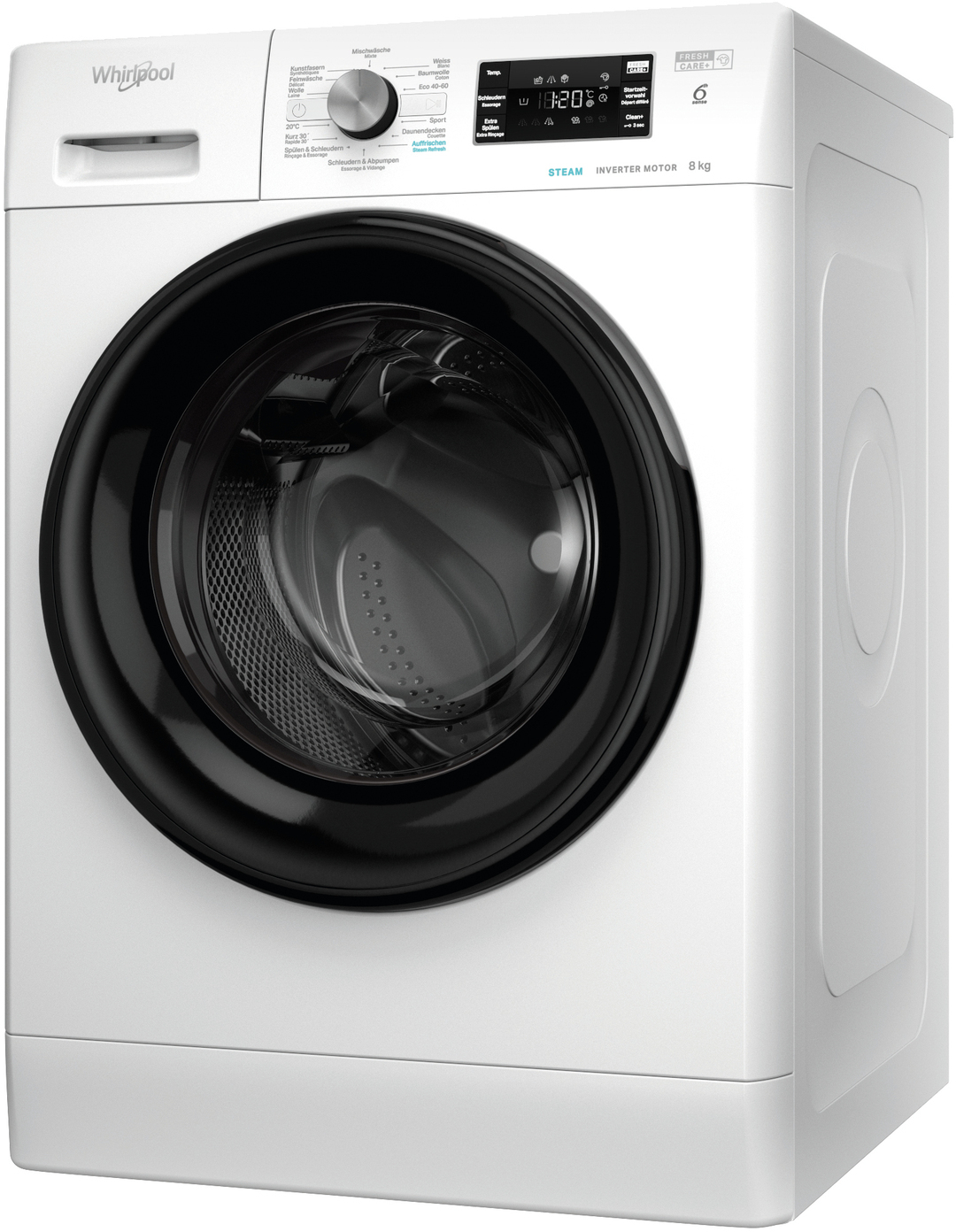 Lave-linge Whirlpool blanc, vue de face, avec porte noire et panneau de contrôle.