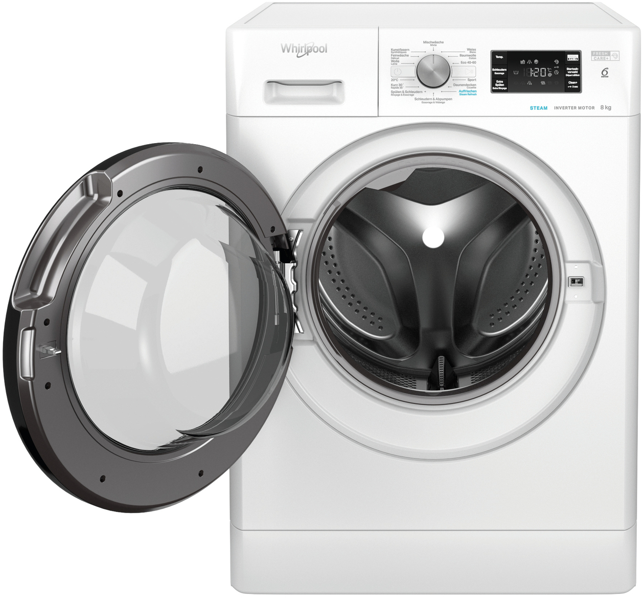 Lave-linge blanc avec porte ouverte, montrant le tambour, sur une surface blanche.