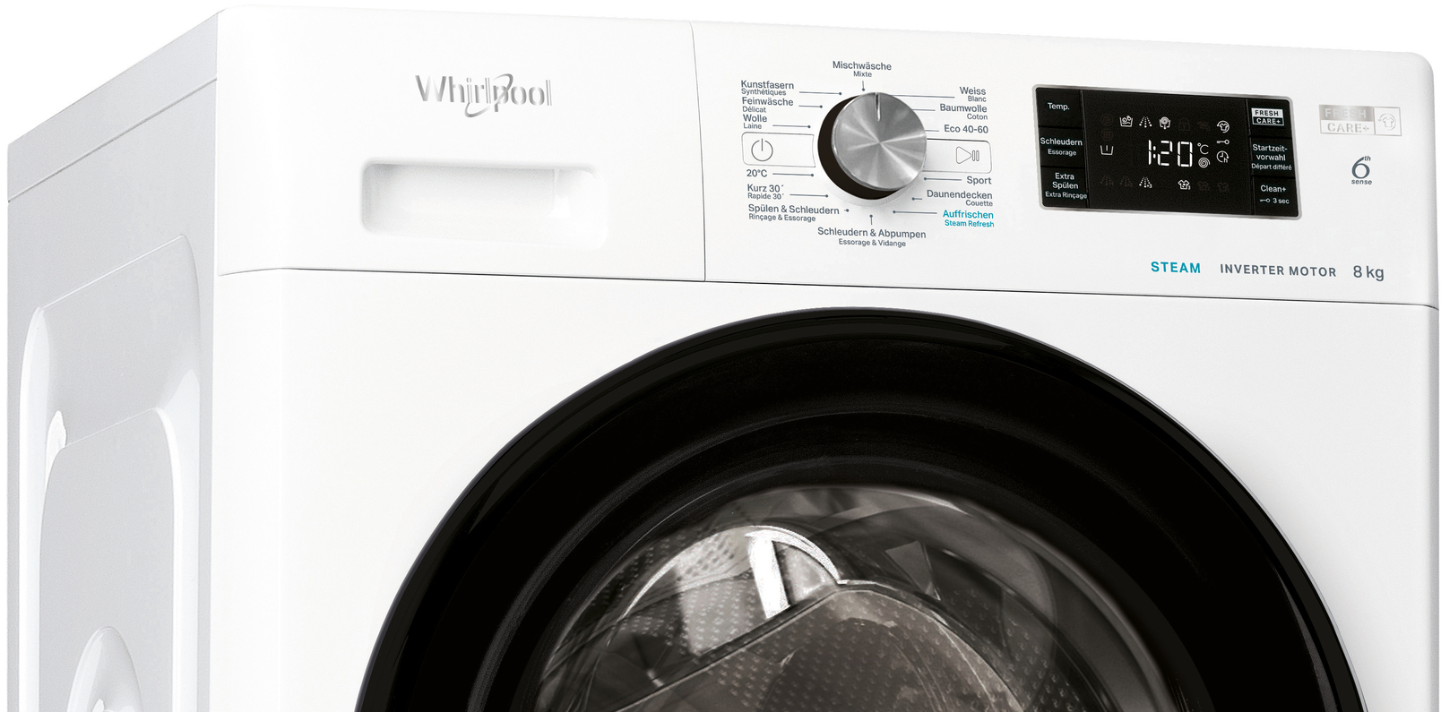 Gros plan sur le panneau de commande d'une machine à laver blanche avec un affichage numérique et divers boutons.
