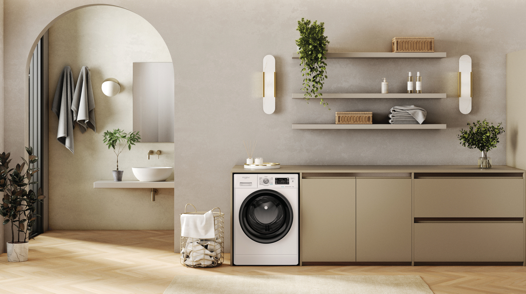 Intérieur d'une buanderie avec machine à laver, étagères et plantes. Tons beige et bois.