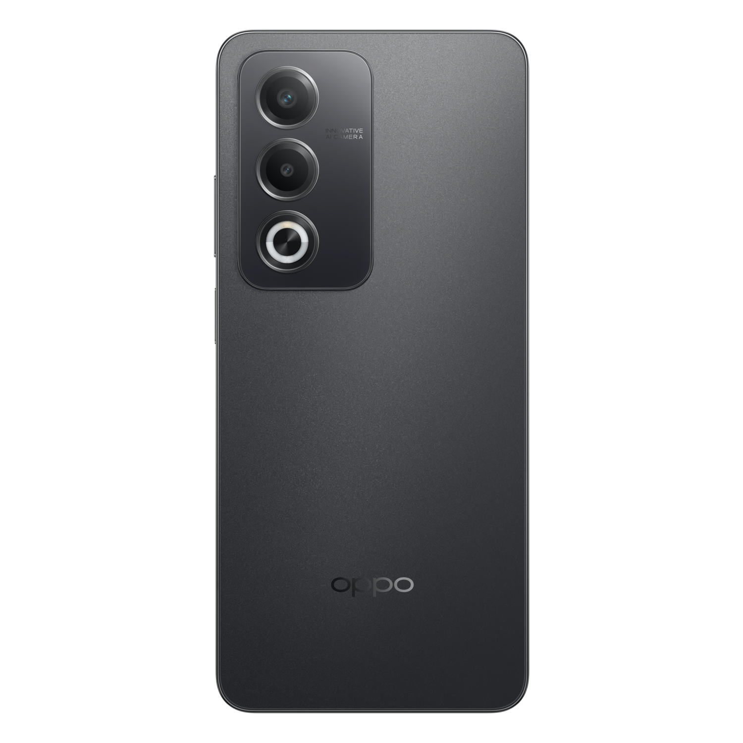 De achterkant van een donkergrijze smartphone met drie cameralenzen.