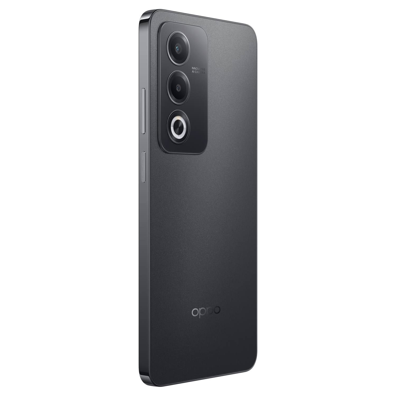 Een donkergrijze smartphone met drievoudige camera's aan de achterkant en het Oppo-logo op een zwarte achtergrond.