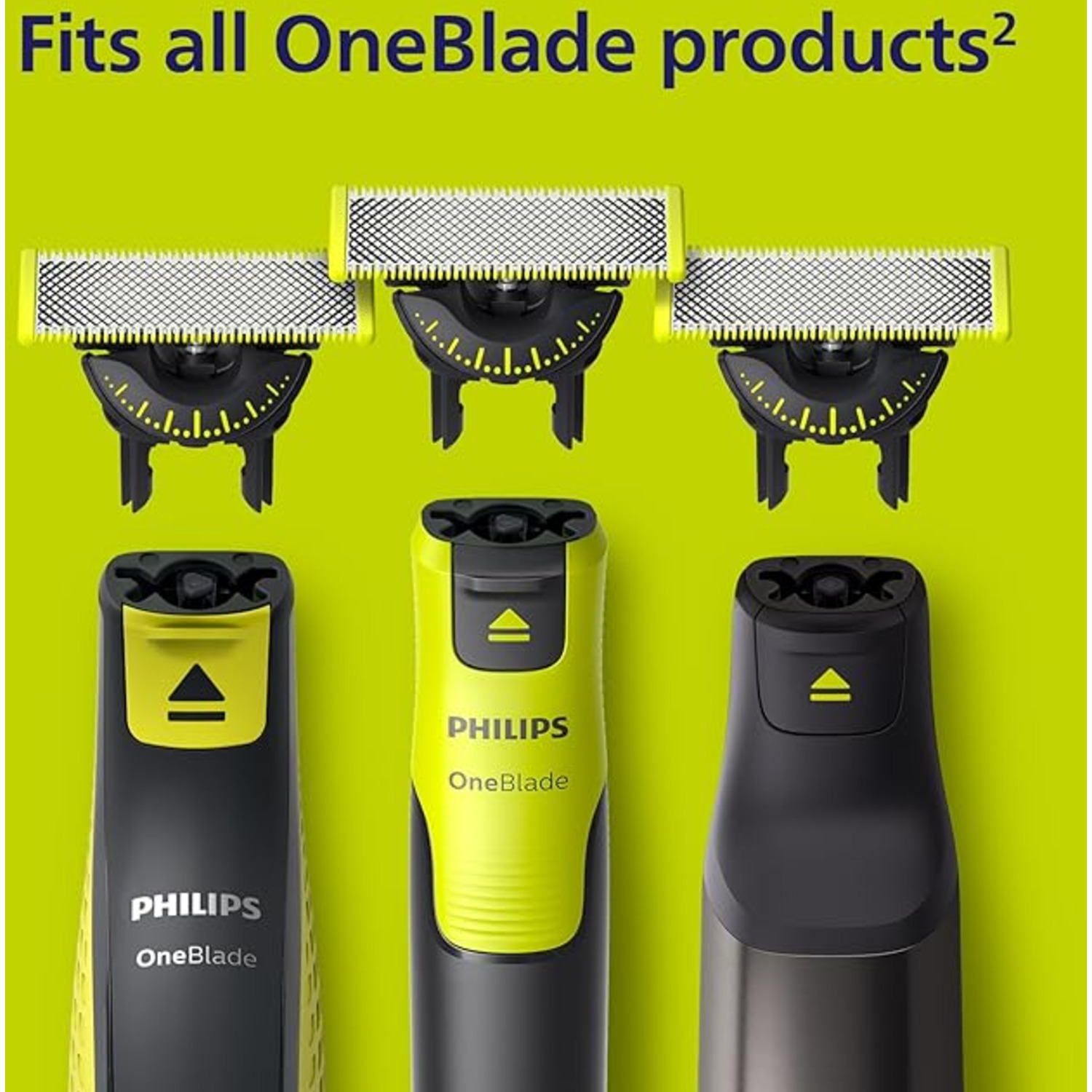 Close up of Philips OneBlade products with different blades and handles.