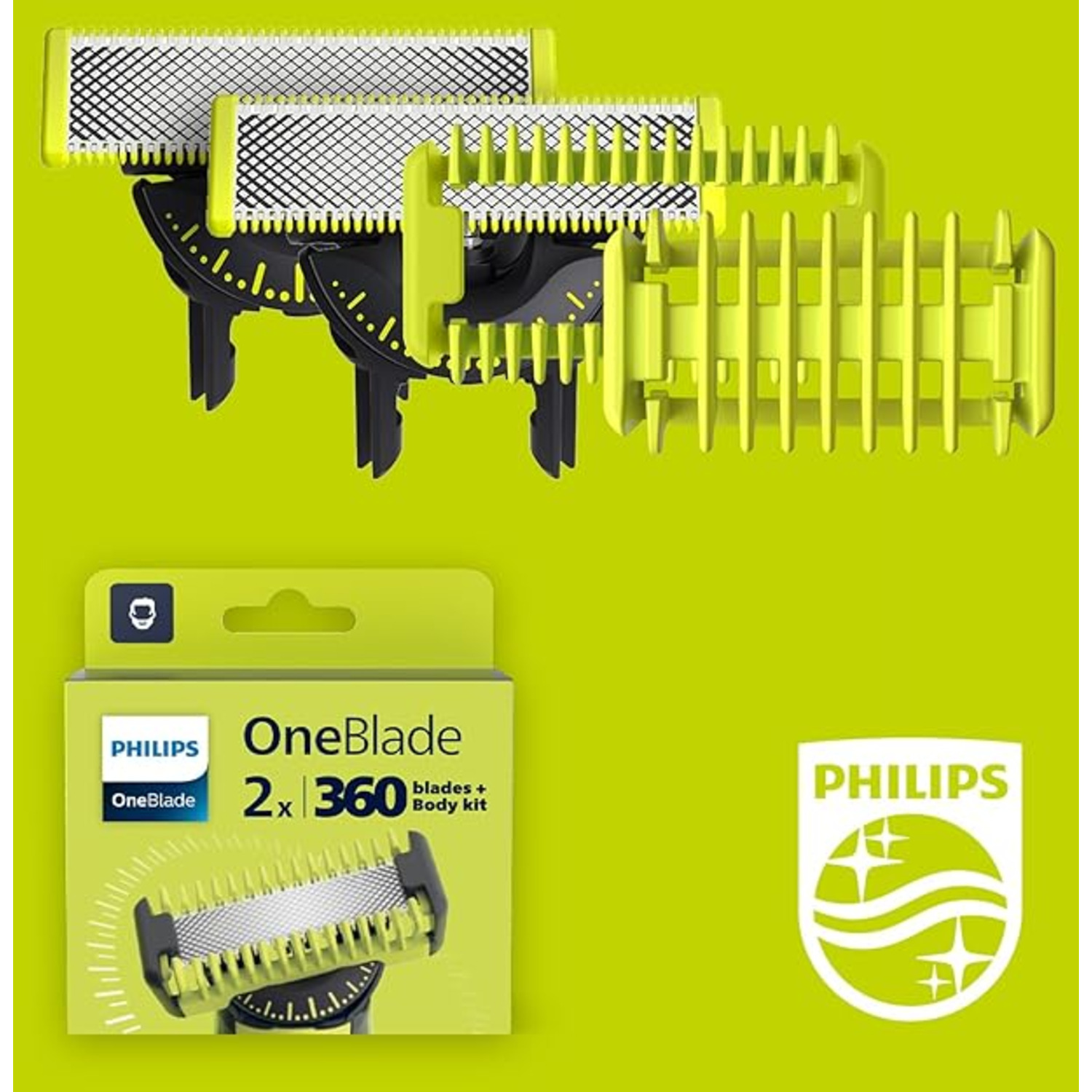 OneBlade razor heads and packaging on a green background.