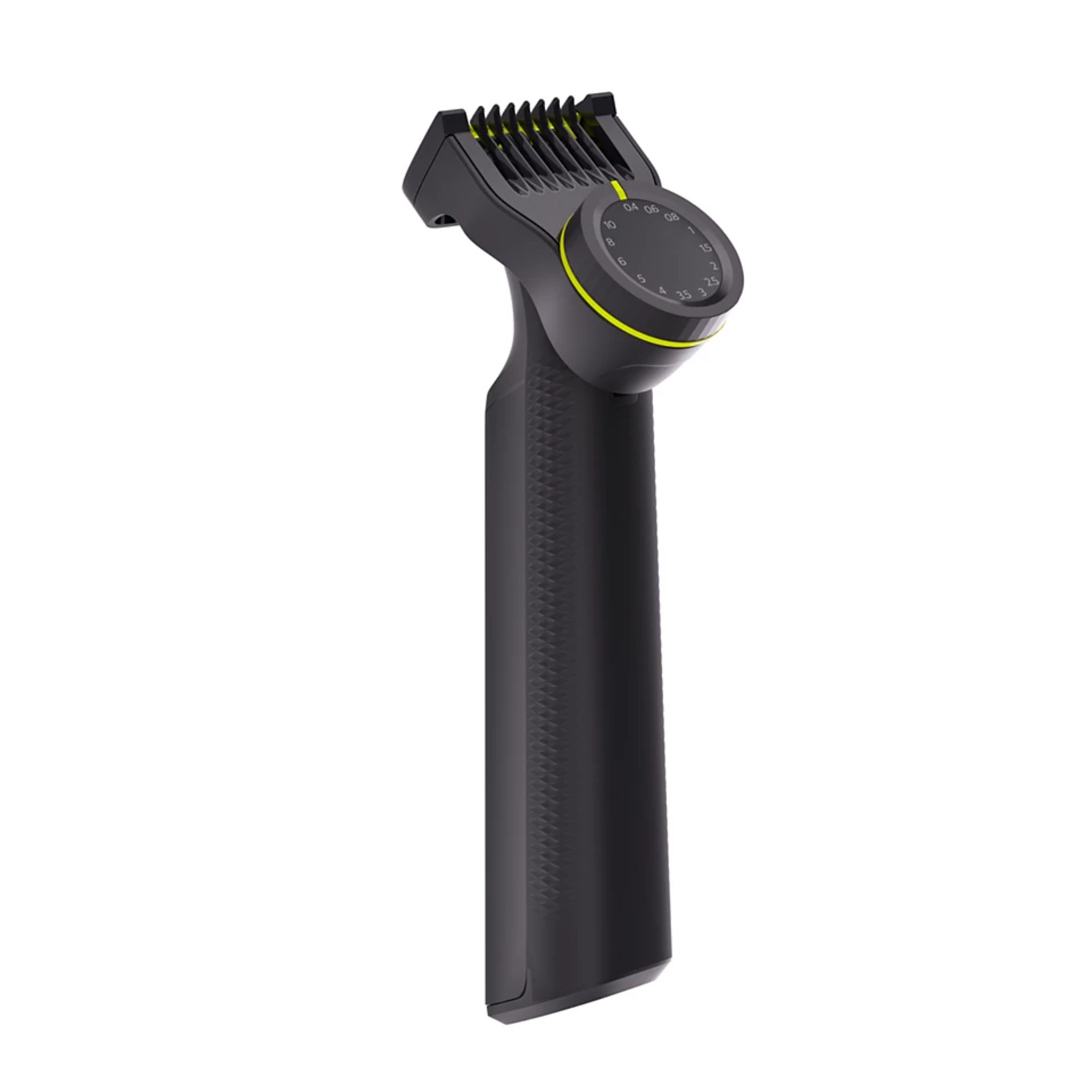 Tondeuse à barbe noire avec molette de réglage jaune. La tondeuse est sur un fond blanc.