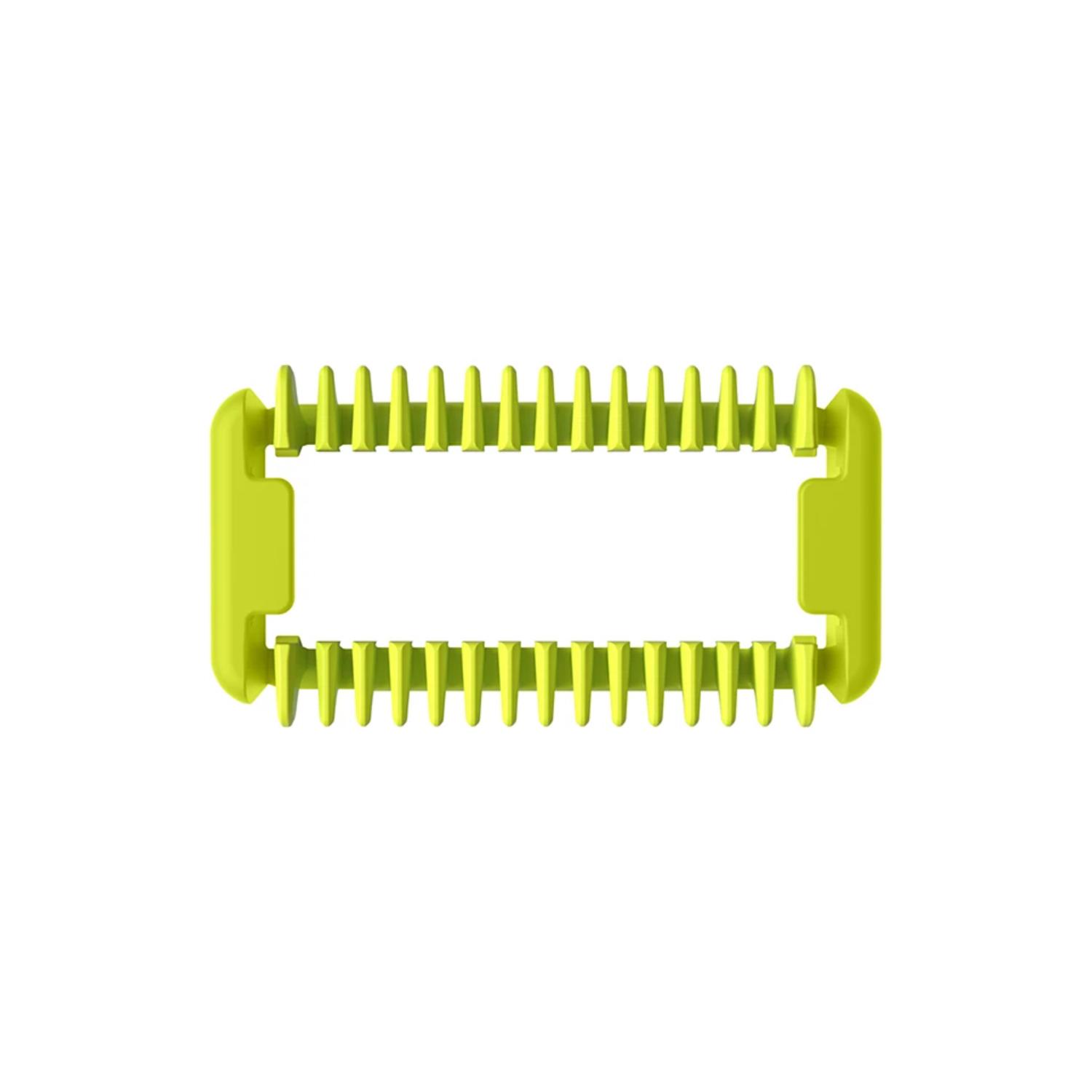 Une lame de rasoir verte avec de nombreuses dents. La lame est de forme rectangulaire.