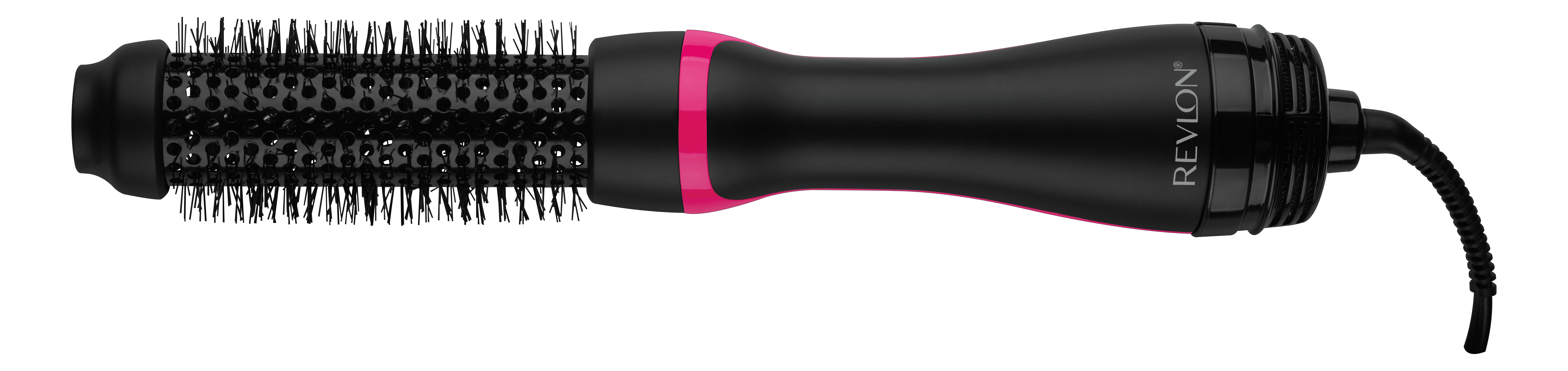 Schwarz-rosa Revlon Haartrocknerbürste auf schwarzem Hintergrund.