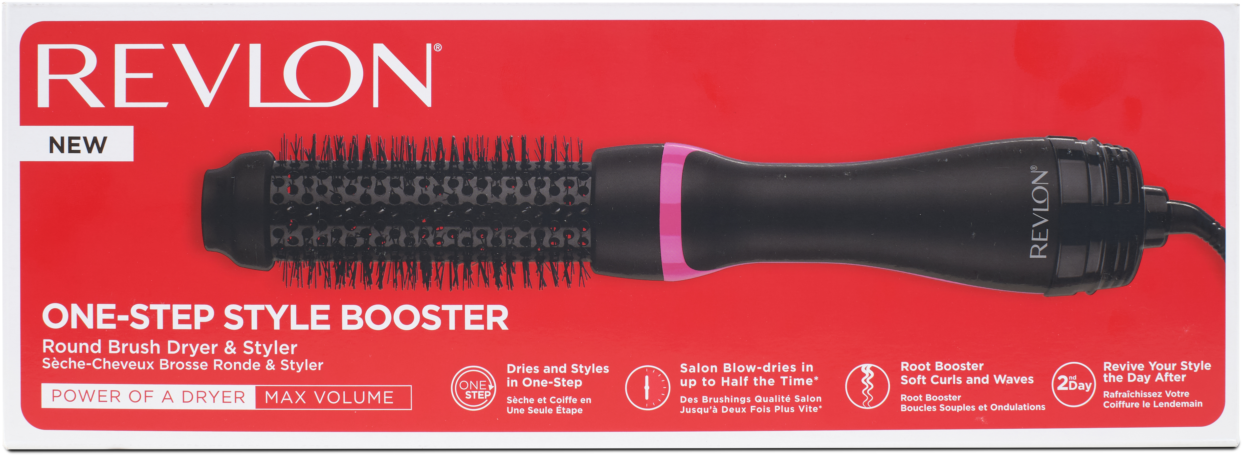 Revlon Haartrockner und Styler in einer Box. Schwarz-rosa Design. Text auf der Box hebt Funktionen hervor.