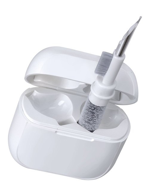Białe etui na słuchawki otwarte, z narzędziem do czyszczenia. Narzędzie ma szczotkę i metalową końcówkę.