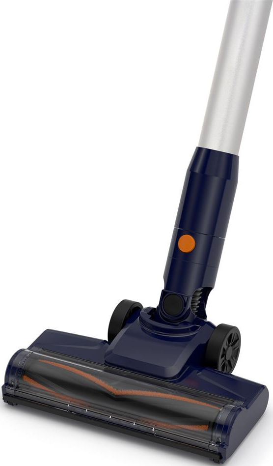 Aspirapolvere senza fili blu, con pulsante di accensione arancione e testina nera.