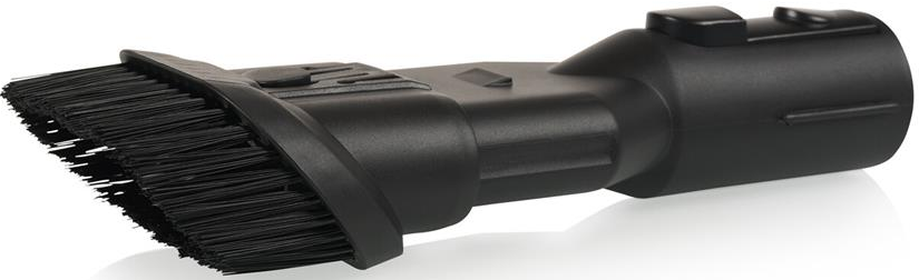 Accessorio per aspirapolvere nero con spazzole. Testina angolata per la pulizia.