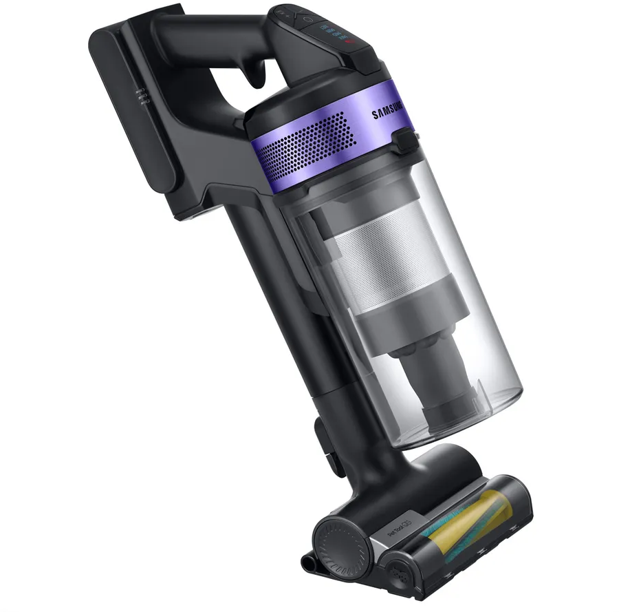 Aspirateur sans fil Samsung noir et violet. Récipient transparent. Vue en angle, fond blanc.