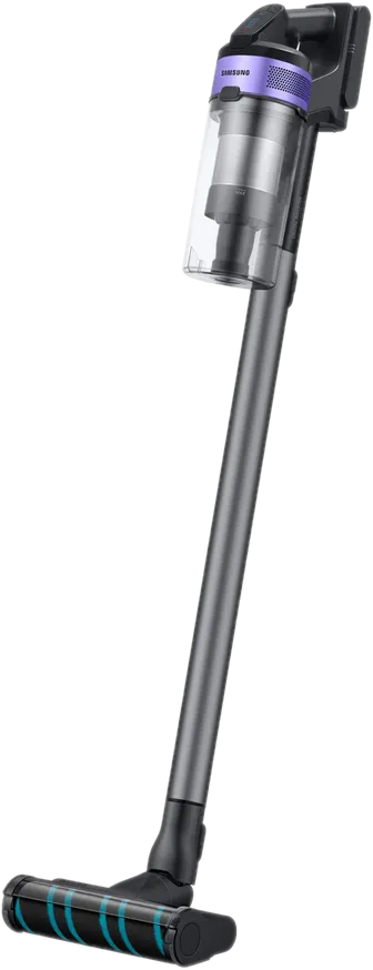 Un aspirateur sans fil argenté et violet avec une brosse noire et turquoise.