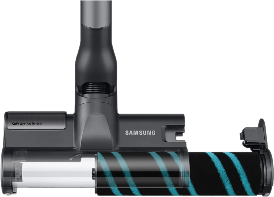 Tête d'aspirateur. Gris avec brosse rotative noire et turquoise. Logo Samsung présent.