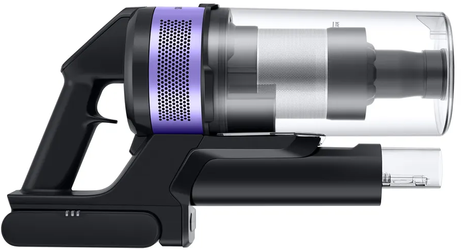 Vue rapprochée d'un aspirateur sans fil noir et violet.
