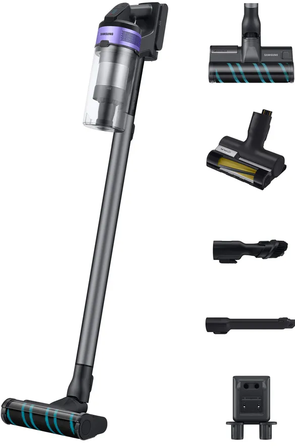 Un aspirateur sans fil avec divers accessoires, présenté sur fond blanc.