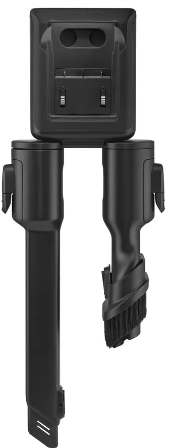 Accessoires d'aspirateur noirs sur blanc. Un support mural, un long tube et une brosse.