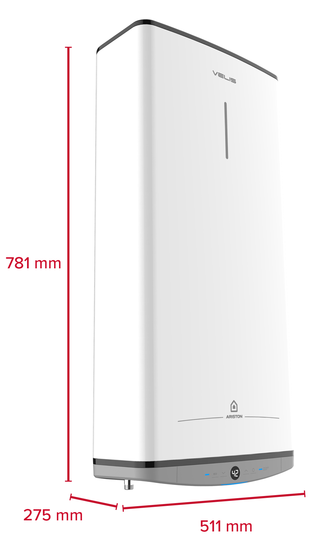 Fehér vízmelegítő mm-ben megadott méretekkel, ARISTON logóval és fekete részletekkel.